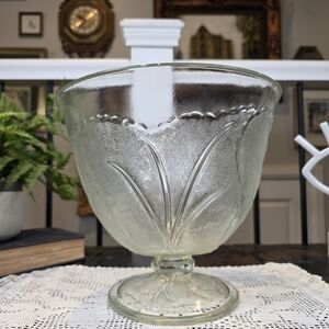 Indiana Glass Pebble Leaf Clear Punch Bowl Footed Compote 9" Tall Vintage 1960s